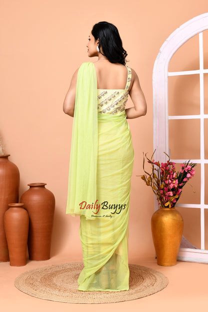 Predrapped Green Net Saree with Designer Blouse