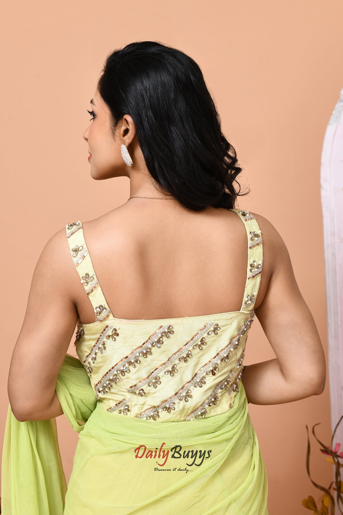 Predrapped Green Net Saree with Designer Blouse