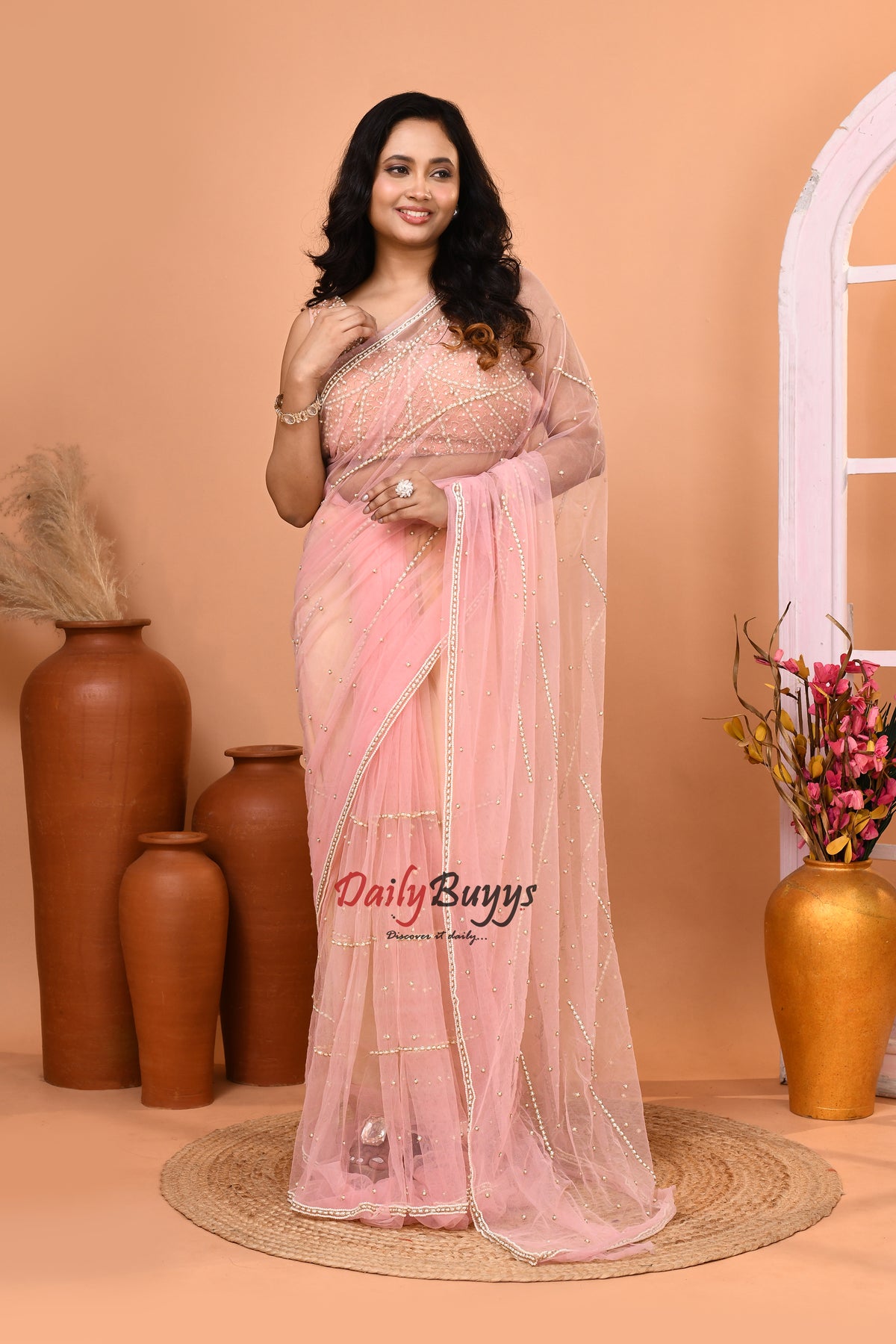 Exclusive Designer Peach Net Saree with Designer Net Blouse piece