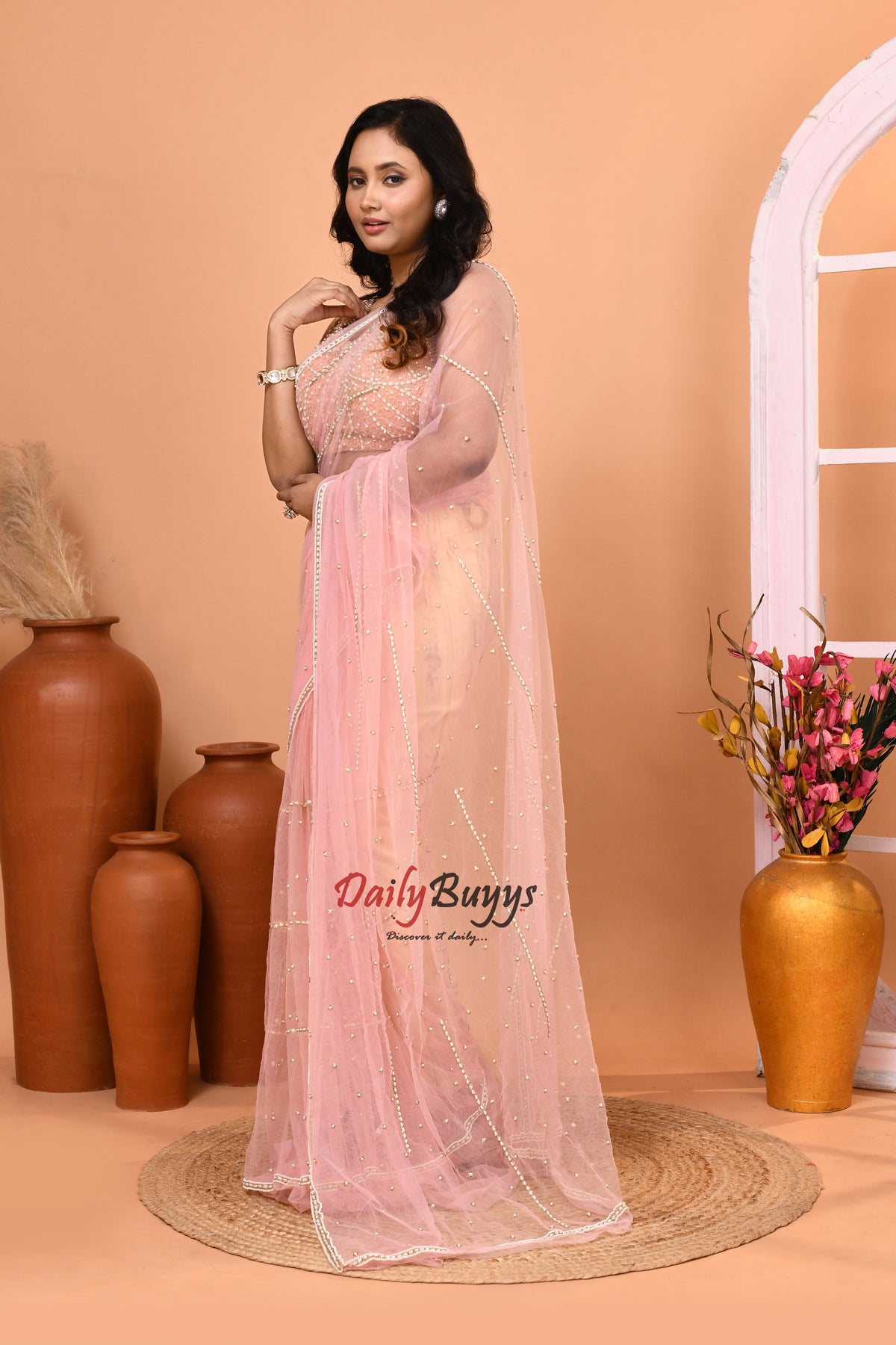 Exclusive Designer Peach Net Saree with Designer Net Blouse piece