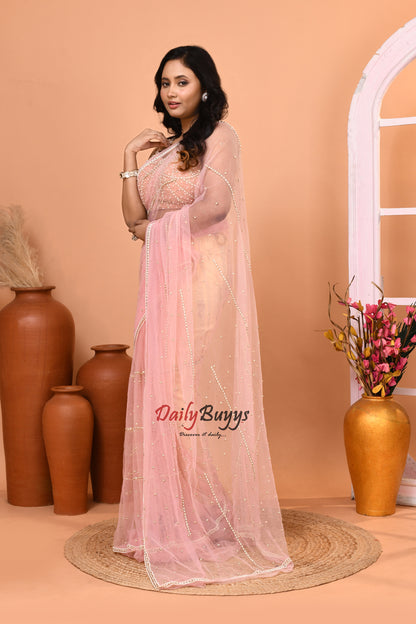 Exclusive Designer Peach Net Saree with Designer Net Blouse piece