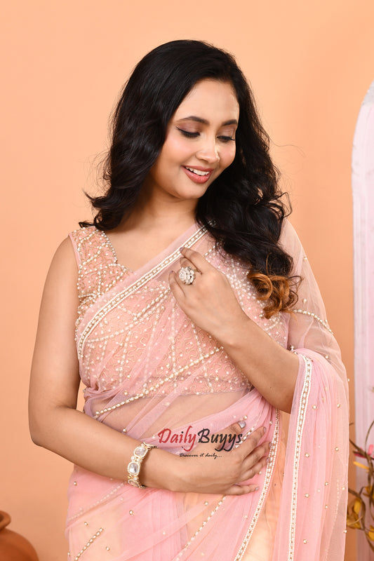 Exclusive Designer Peach Net Saree with Designer Net Blouse piece