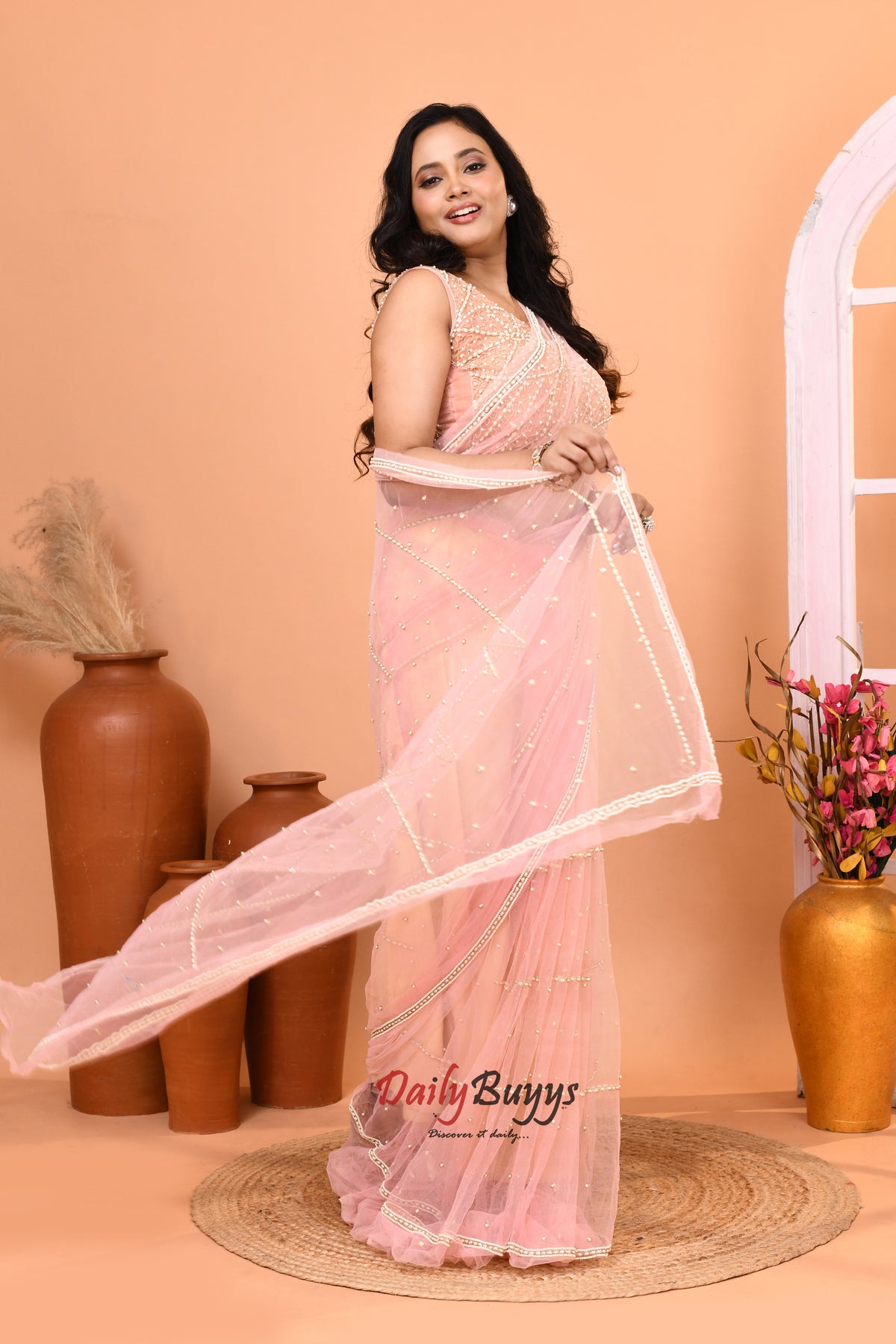 Exclusive Designer Peach Net Saree with Designer Net Blouse piece