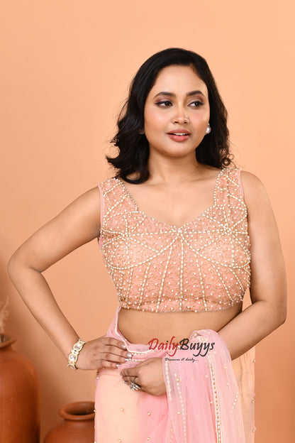 Exclusive Designer Peach Net Saree with Designer Net Blouse piece