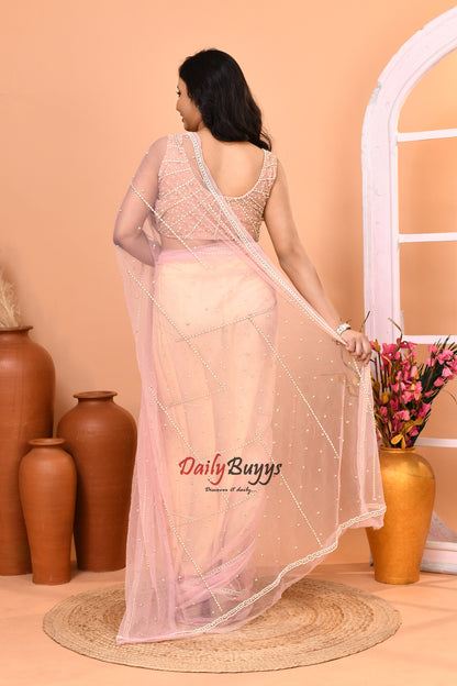 Exclusive Designer Peach Net Saree with Designer Net Blouse piece