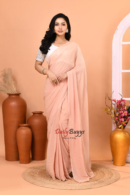 Predrapped  Peach Georgette Saree with Designer Blouse