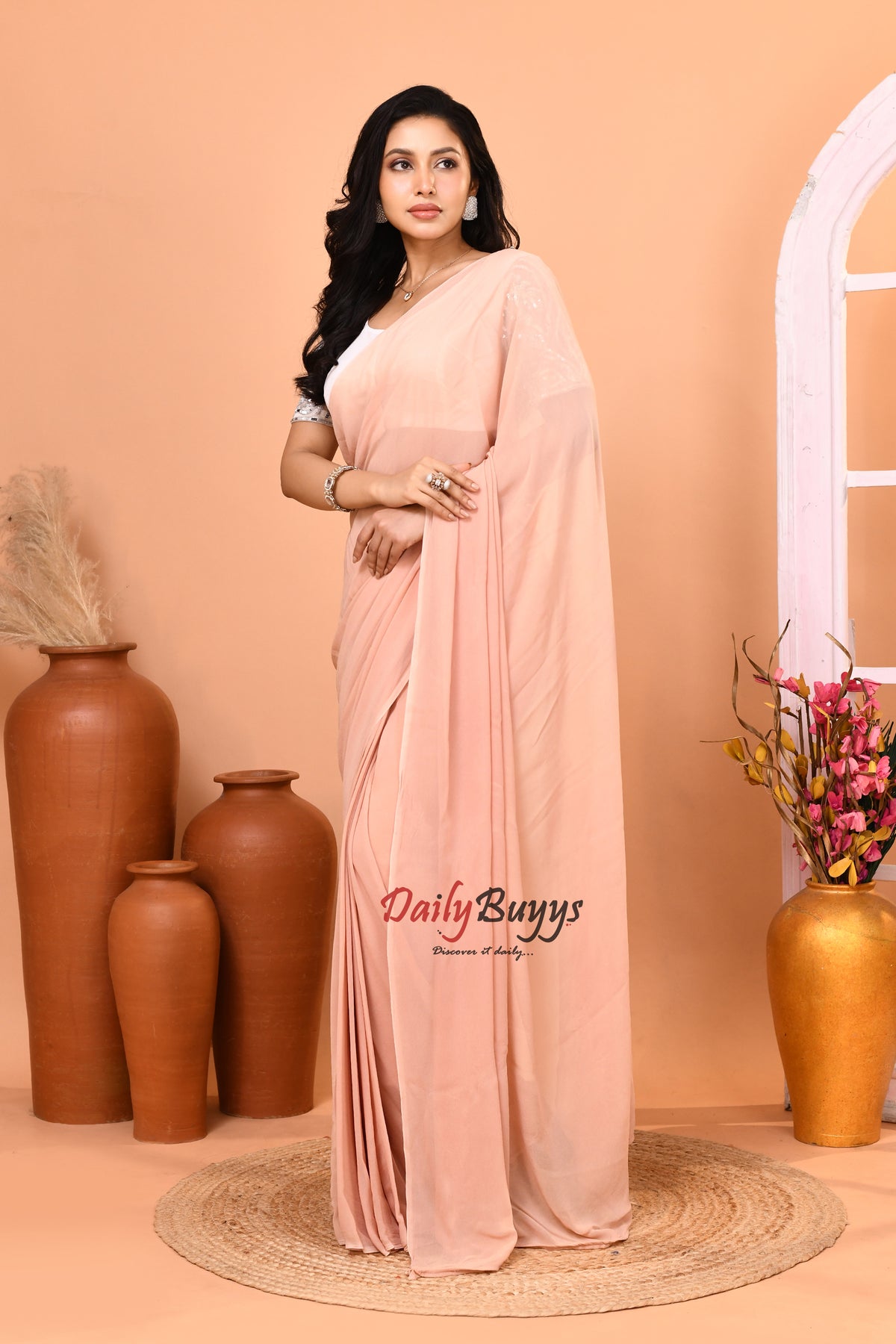 Predrapped  Peach Georgette Saree with Designer Blouse