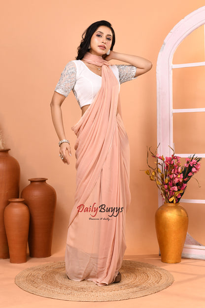 Predrapped  Peach Georgette Saree with Designer Blouse