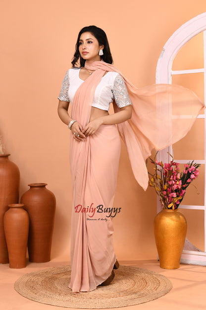 Predrapped  Peach Georgette Saree with Designer Blouse