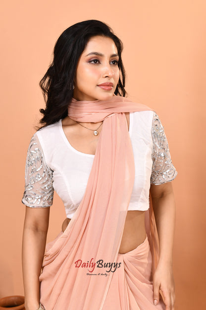 Predrapped  Peach Georgette Saree with Designer Blouse