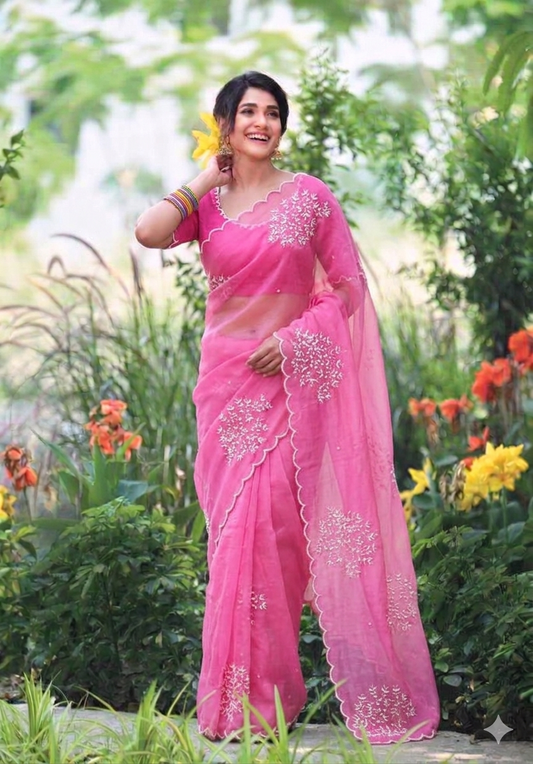 Grapefruit Pink Hand Embroidered Pure Organza saree