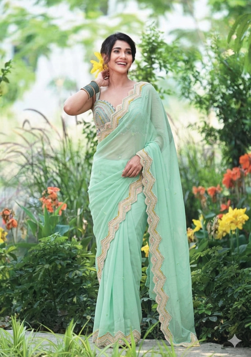 Aqua Hand Embroidered Viscose Georgette Saree set