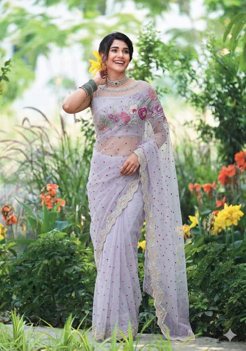 Lilac Floral hand embroidered Viscose organza saree set