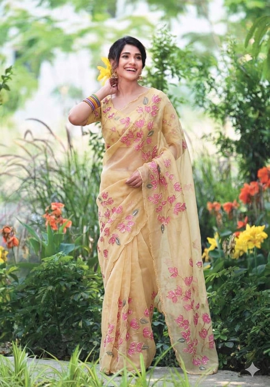 Pure Organza,Hand Embroidered & Hand Painted Floral Bougaivillea Saree Set In Yellow
