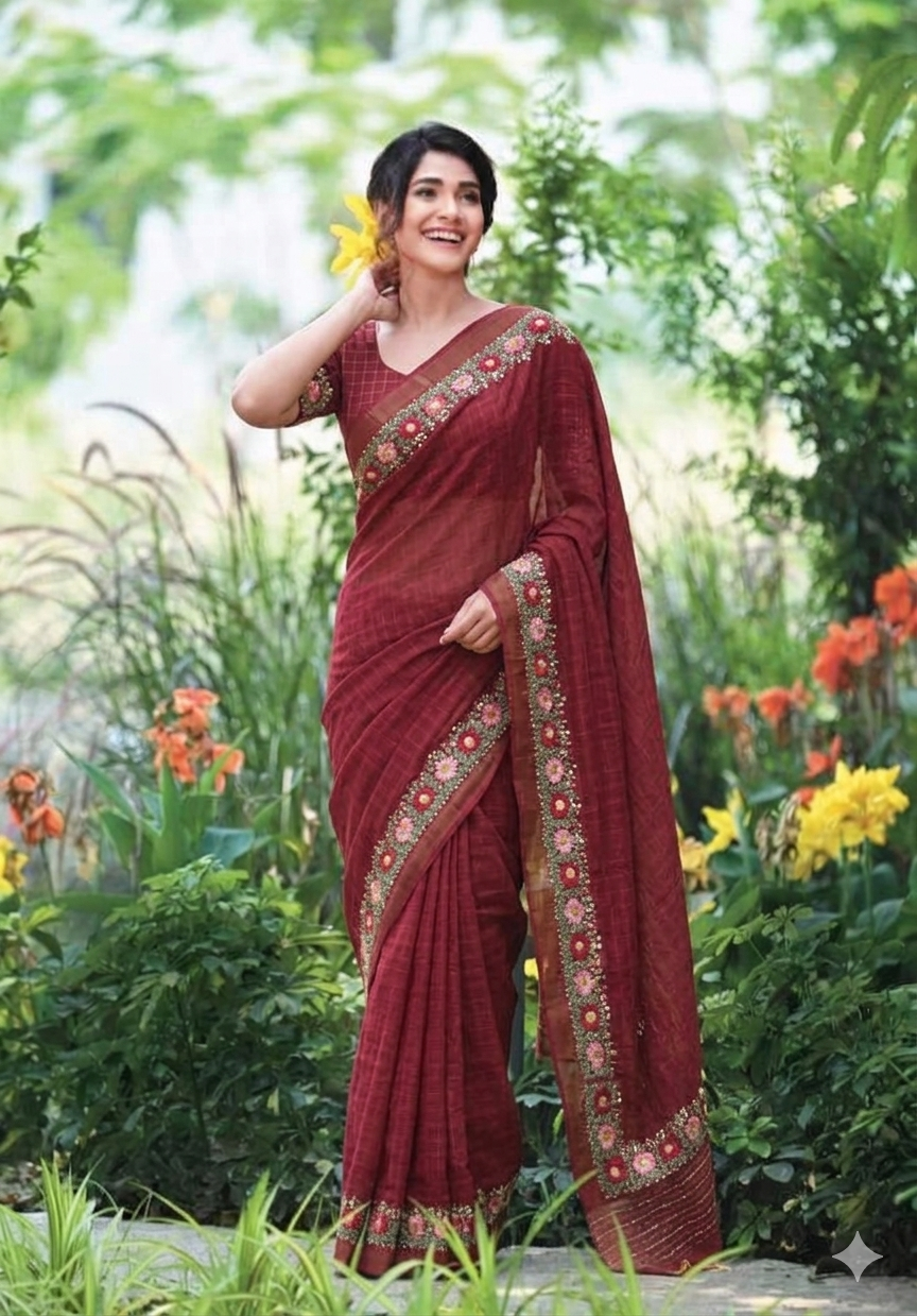 Maroon Hand Embroidered Thread Work Pure Silk Sarees