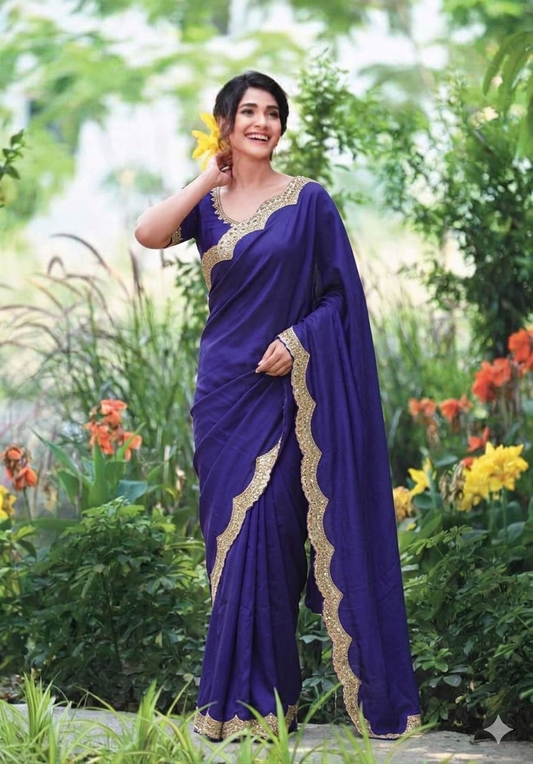 Blue Hand Embroidered Scalloped Boarder Work Pure Tussar Silk Saree