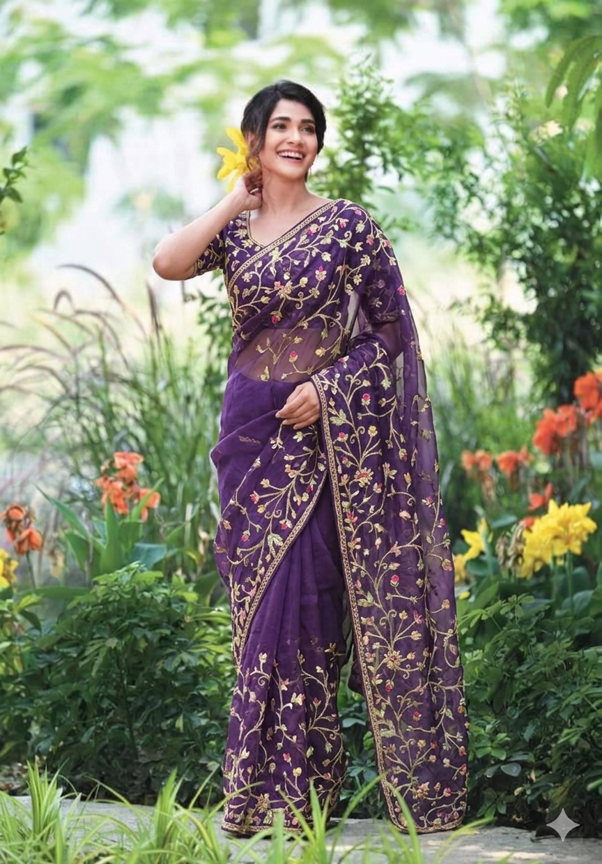 Thread and beads Embroidered Viscose Organza saree set
