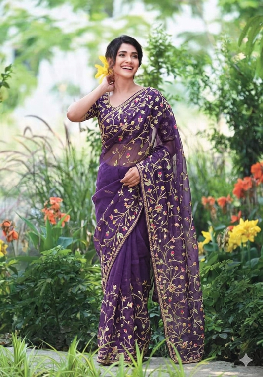 Thread and beads Embroidered Viscose Organza saree set