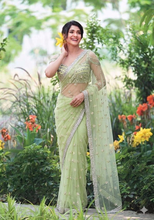 Lime Green Hand Embroidered Net saree with Bustier