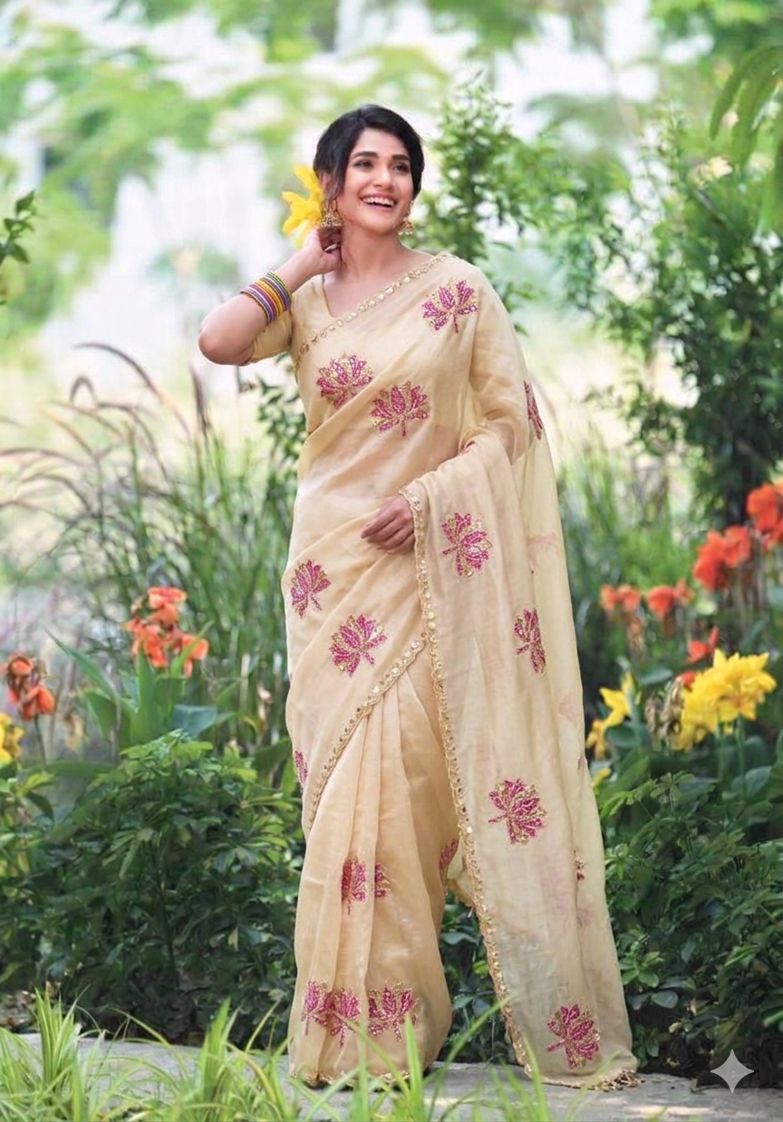 Pure Silk lotus motif Hand Painted & Hand Embroidered Saree Set