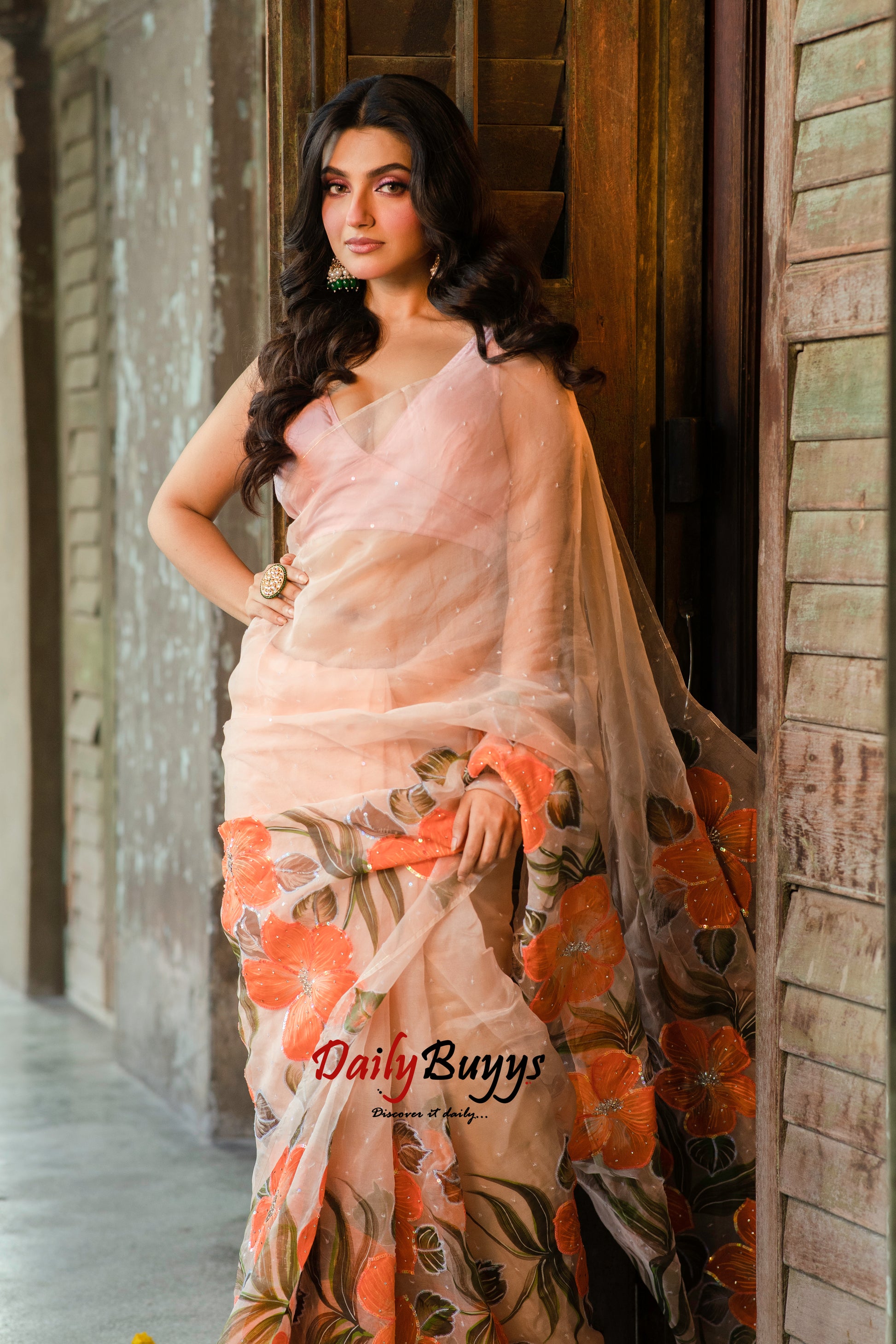 Designer Tikki Work Peach Organza Sarees - Dailybuyys