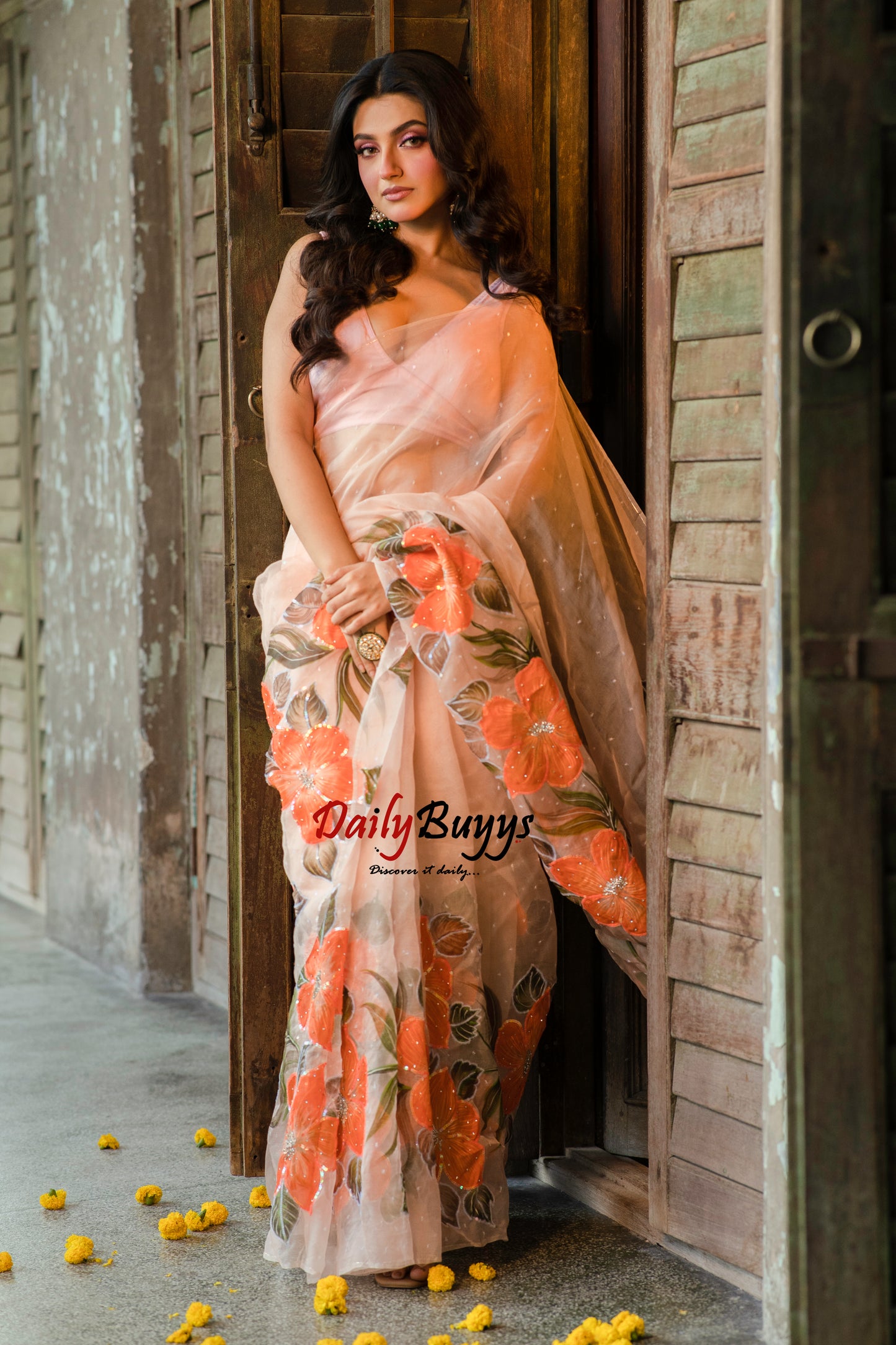 Designer Tikki Work Peach Organza Sarees - Dailybuyys