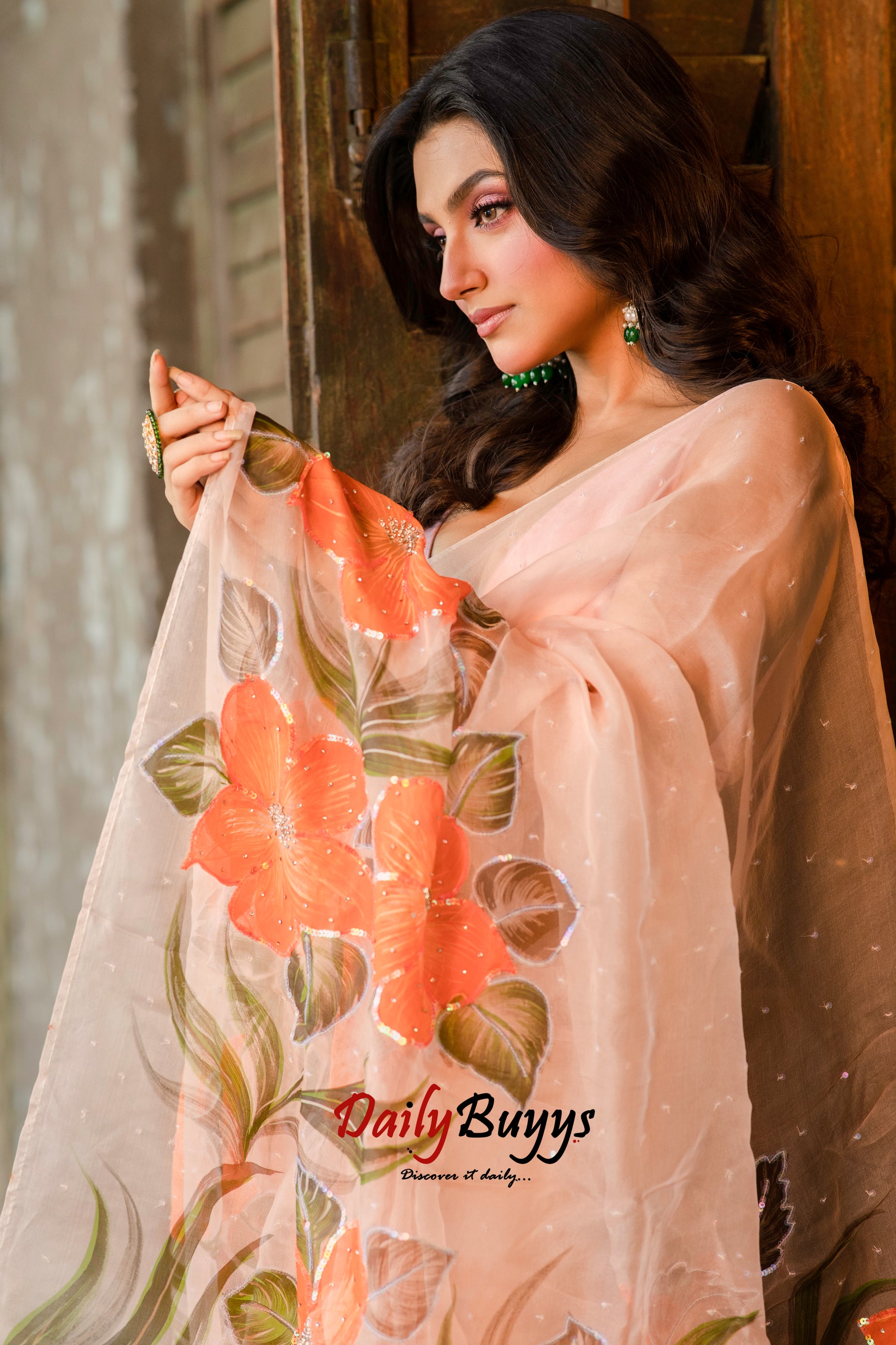 Designer Tikki Work Peach Organza Sarees - Dailybuyys