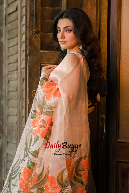 Designer Tikki Work Peach Organza Sarees - Dailybuyys