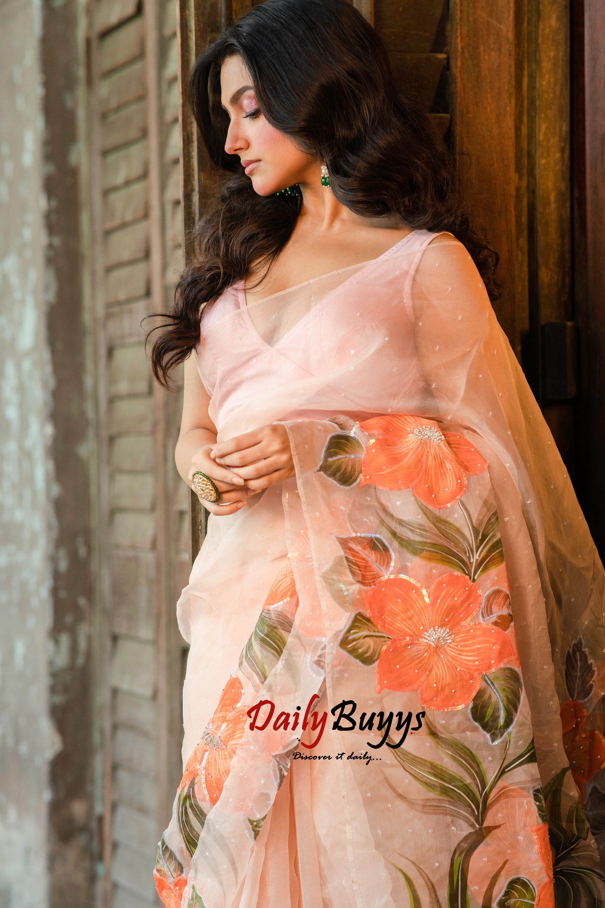 Designer Tikki Work Peach Organza Sarees - Dailybuyys