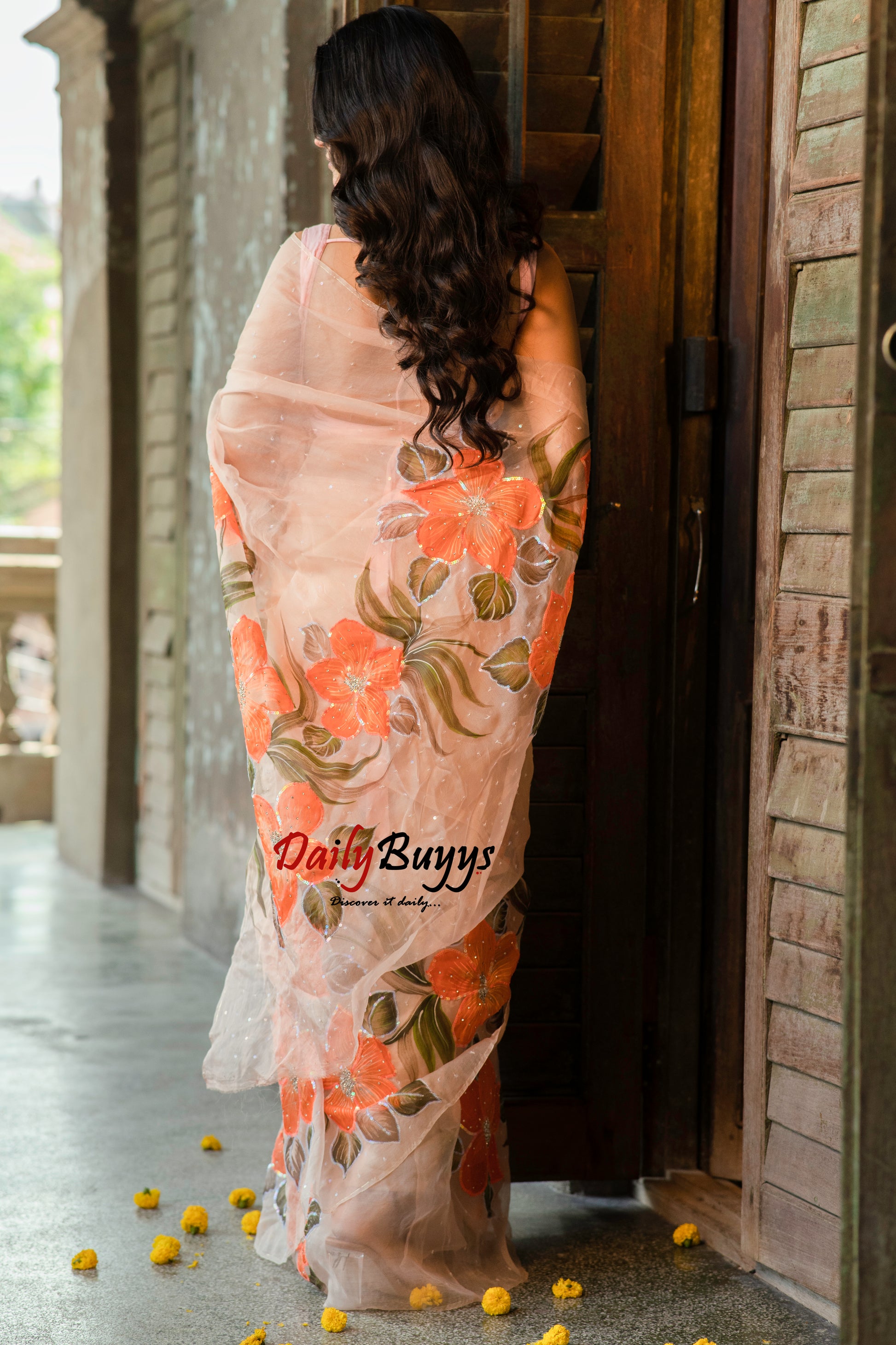 Designer Tikki Work Peach Organza Sarees - Dailybuyys