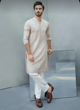 Soft Beige Floral Textured Punjabi Kurta & Pyjama Set