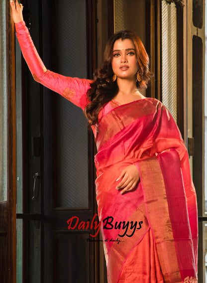 Red Rani Block Printed Pure Silk Mark Certified Tussar Silk Sarees - Dailybuyys