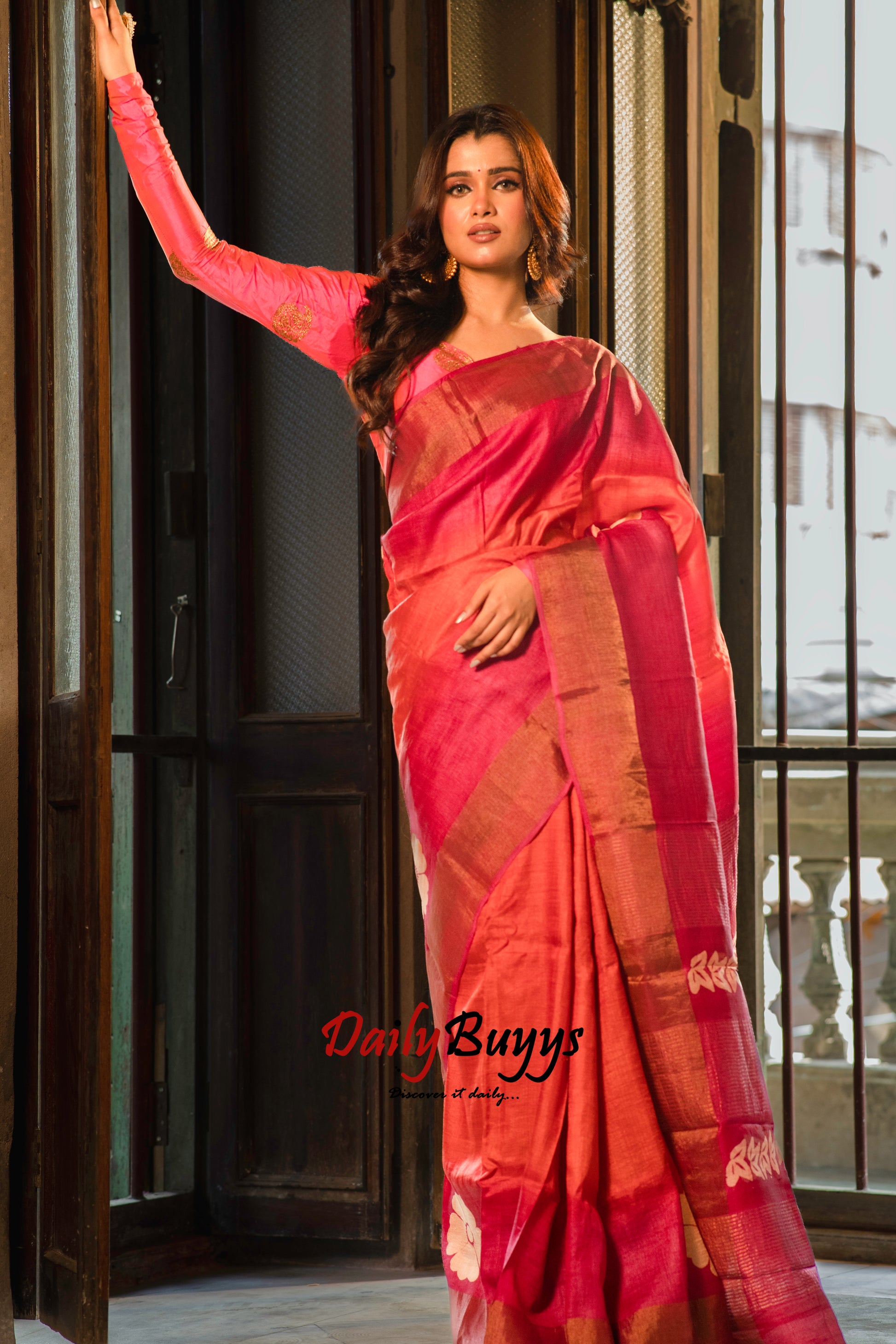 Red Rani Block Printed Pure Silk Mark Certified Tussar Silk Sarees - Dailybuyys