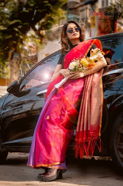 Red & Lavander Matka Pure Silk Mark Certified Muslin Sarees