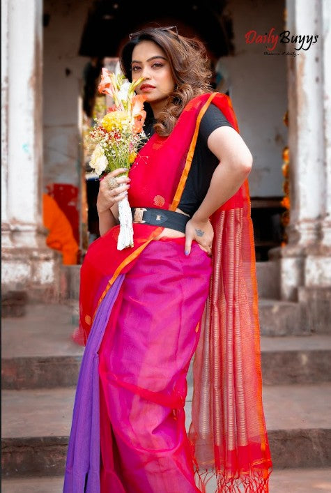 Red & Lavander Matka Pure Silk Mark Certified Muslin Sarees