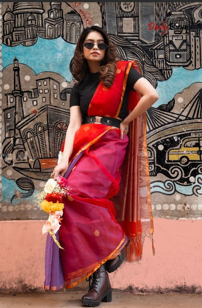 Red & Lavander Matka Pure Silk Mark Certified Muslin Sarees