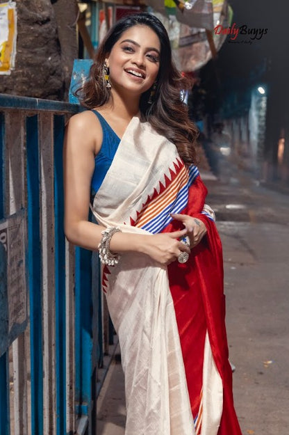 Cream geometric Block Printed Silk Mark Certified Bishnupuri Silk Sarees