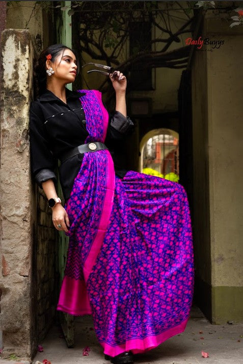 Purple Fushia Block Printed Silk Mark Certified Bishnupuri Silk Sarees