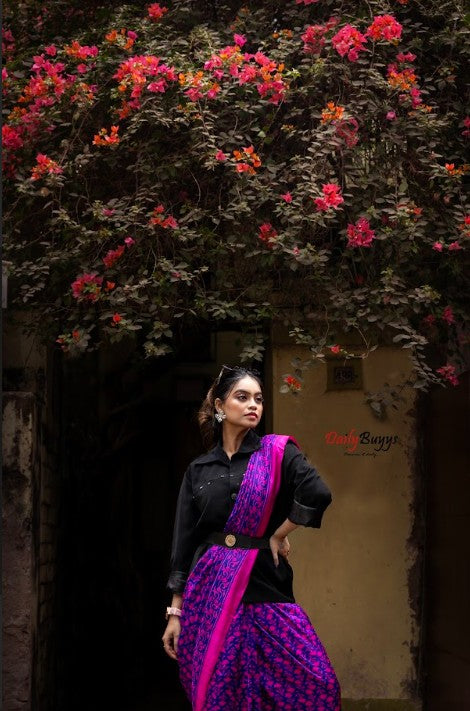 Purple Fushia Block Printed Silk Mark Certified Bishnupuri Silk Sarees