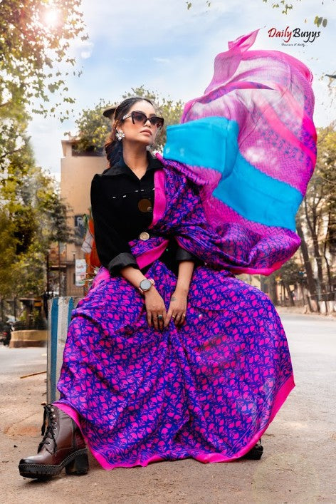 Purple Fushia Block Printed Silk Mark Certified Bishnupuri Silk Sarees