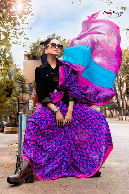 Purple Fushia Block Printed Silk Mark Certified Bishnupuri Silk Sarees