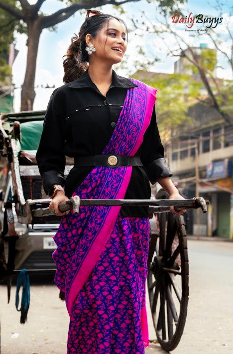 Purple Fushia Block Printed Silk Mark Certified Bishnupuri Silk Sarees