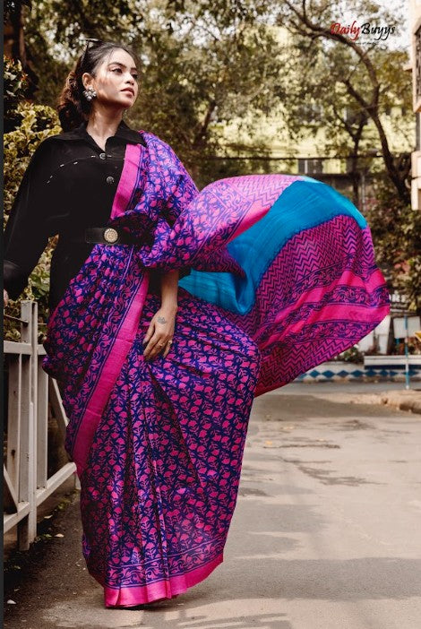 Purple Fushia Block Printed Silk Mark Certified Bishnupuri Silk Sarees
