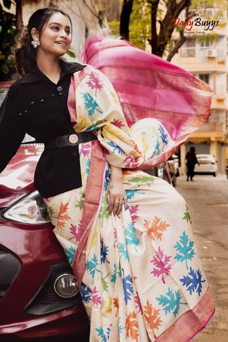 Muticolor Block Printed Leaf Motive Pure Silk Mark Certified Tussar Silk Sarees