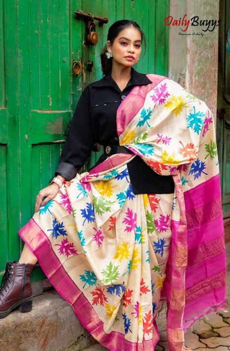 Muticolor Block Printed Leaf Motive Pure Silk Mark Certified Tussar Silk Sarees