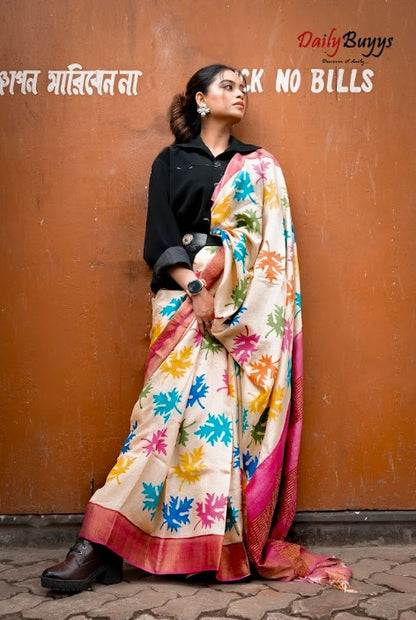 Muticolor Block Printed Leaf Motive Pure Silk Mark Certified Tussar Silk Sarees