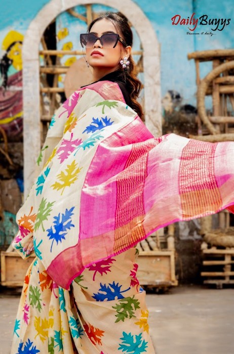 Muticolor Block Printed Leaf Motive Pure Silk Mark Certified Tussar Silk Sarees