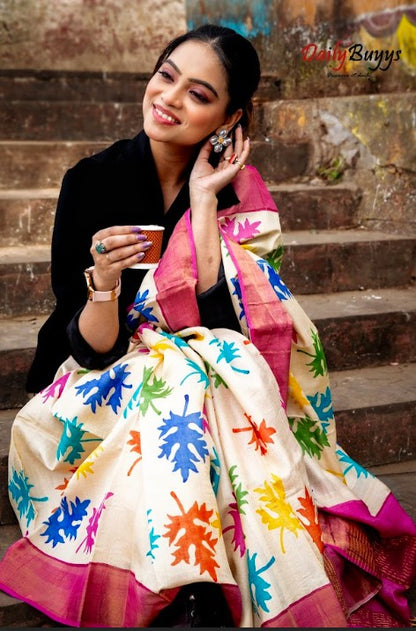 Muticolor Block Printed Leaf Motive Pure Silk Mark Certified Tussar Silk Sarees