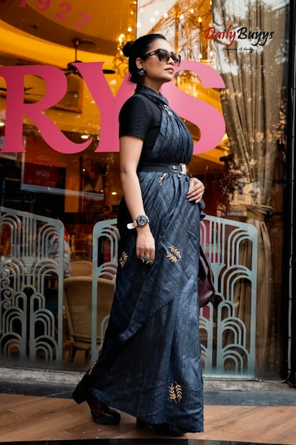 Grey Tussar Ghicha Hand Embroidered Pure Silk Mark Certified Tussar Silk Sarees