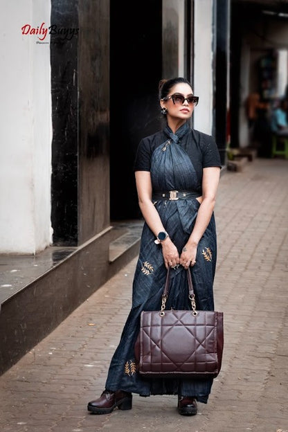 Grey Tussar Ghicha Hand Embroidered Pure Silk Mark Certified Tussar Silk Sarees